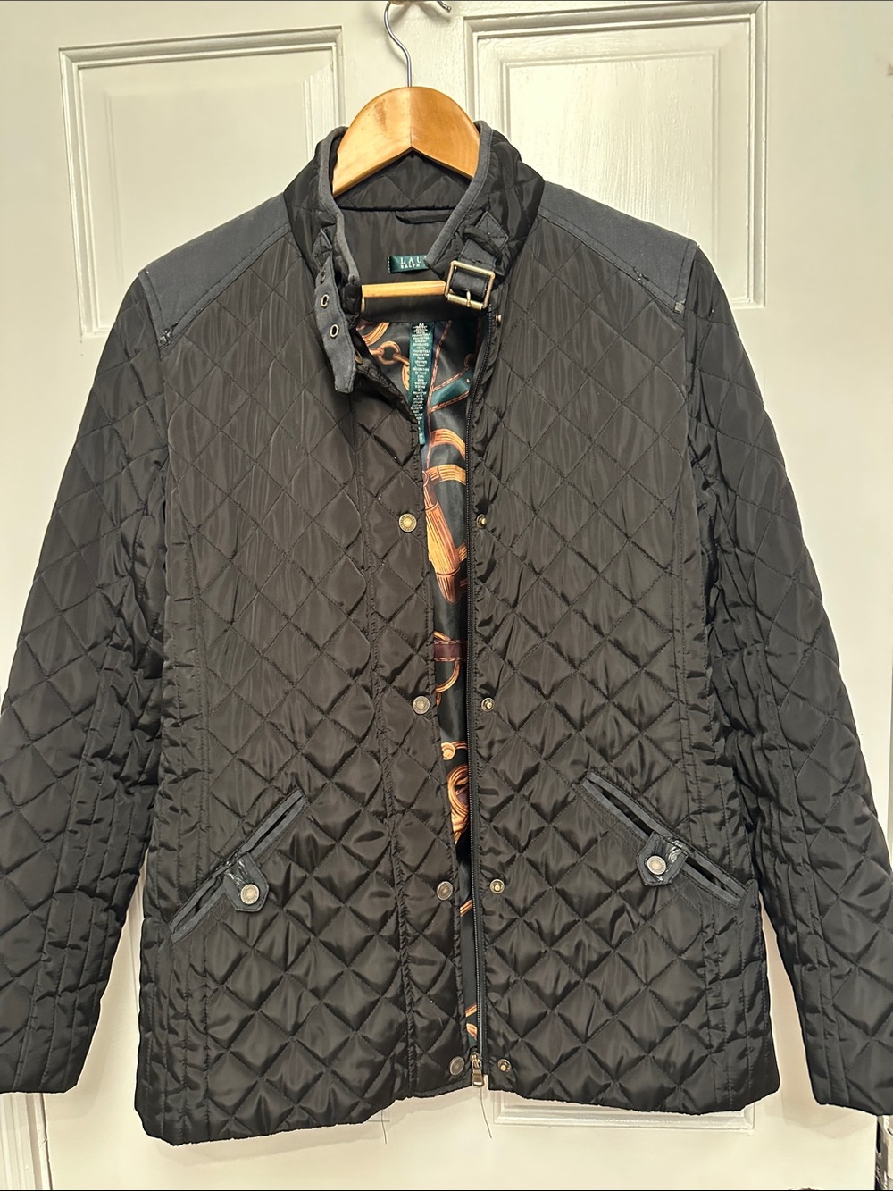 Lauren Ralph Lauren Black Quilted Puffer Jacket with Buckle Collar